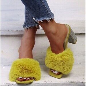 Cape Robbin Heels Yellow Plush Fluffy Rhinestone Heels Sherpa Mules Womens Sz 8